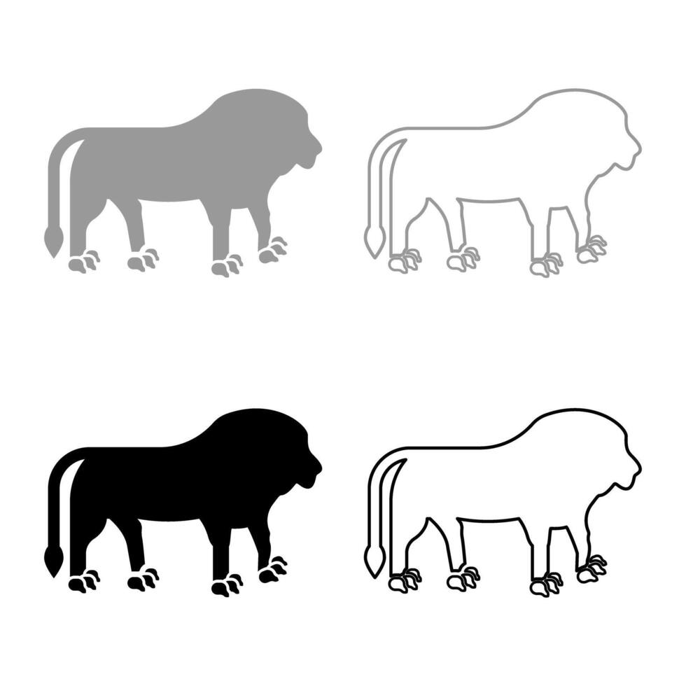 Lion head set icon grey black color illustration image solid fill outline contour line thin flat style vector