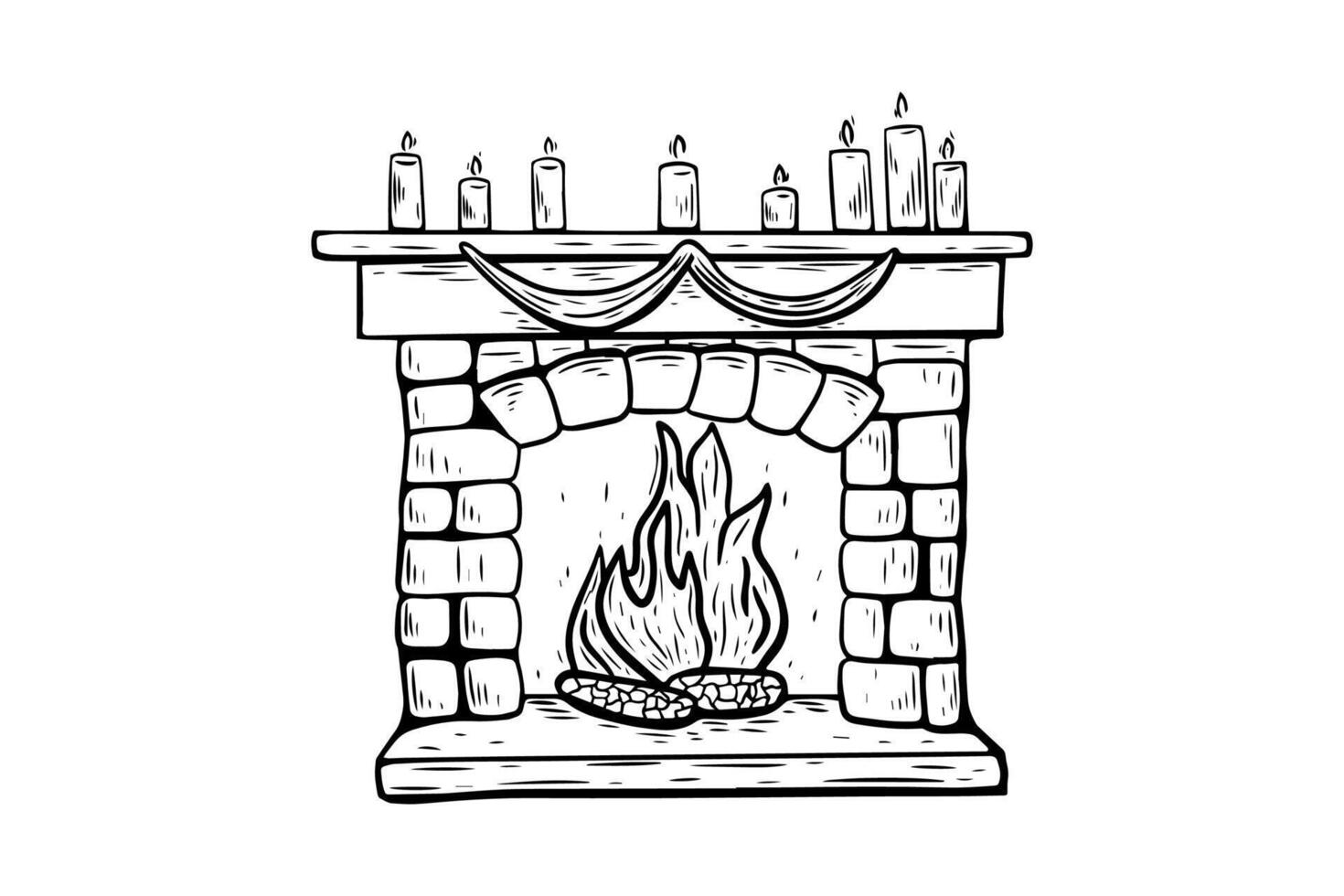 Christmas sketch in vintage style, engraving, line drawing black and white fireplace. vector