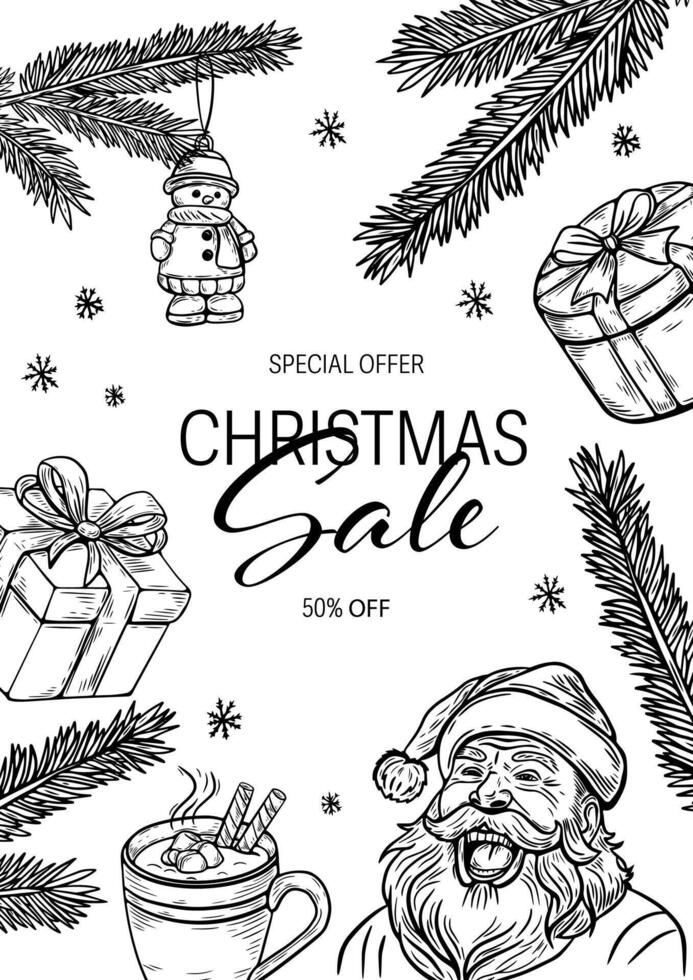 Christmas sale,black and white vintage style sketch, etching. Poster, banner. vector