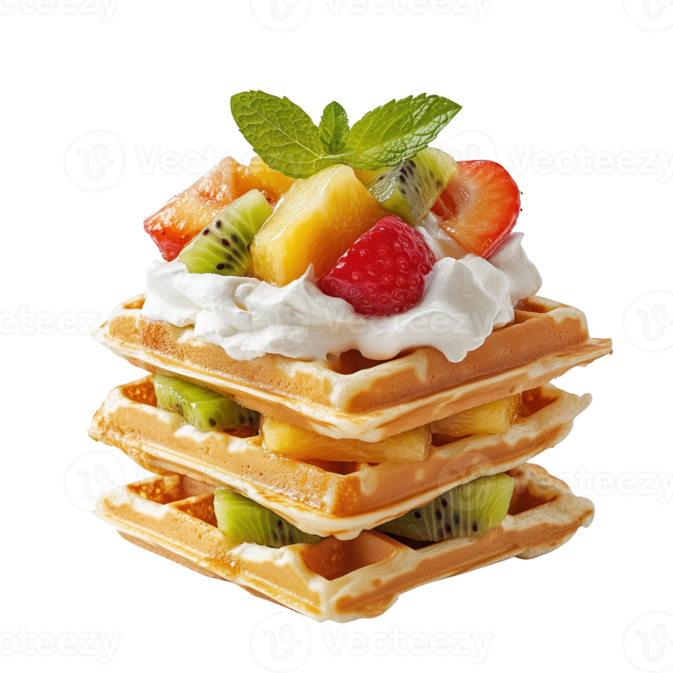 Delicious fruit-topped waffles with whipped cream isolated on transparent background png