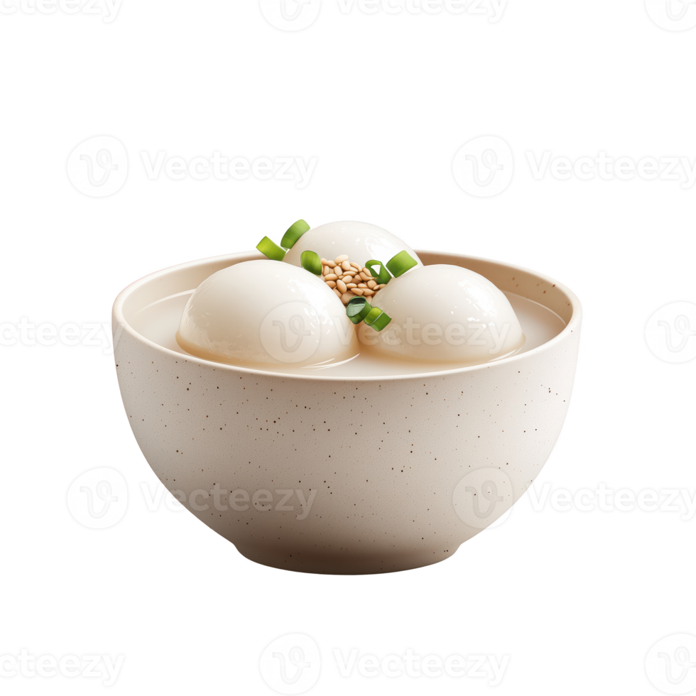 Delicious dessert balls in light bowl decorated with green onion and sesame. Perfect for culinary presentations. isolated on transparent background png