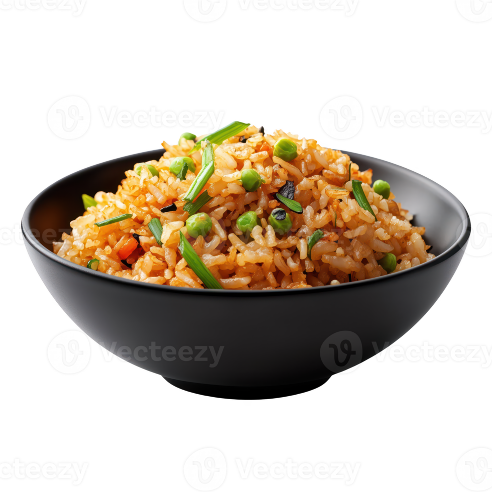 Delicious fried rice with vegetables in a sleek black bowl, perfect for Asian cuisine enthusiasts. isolated on transparent background png
