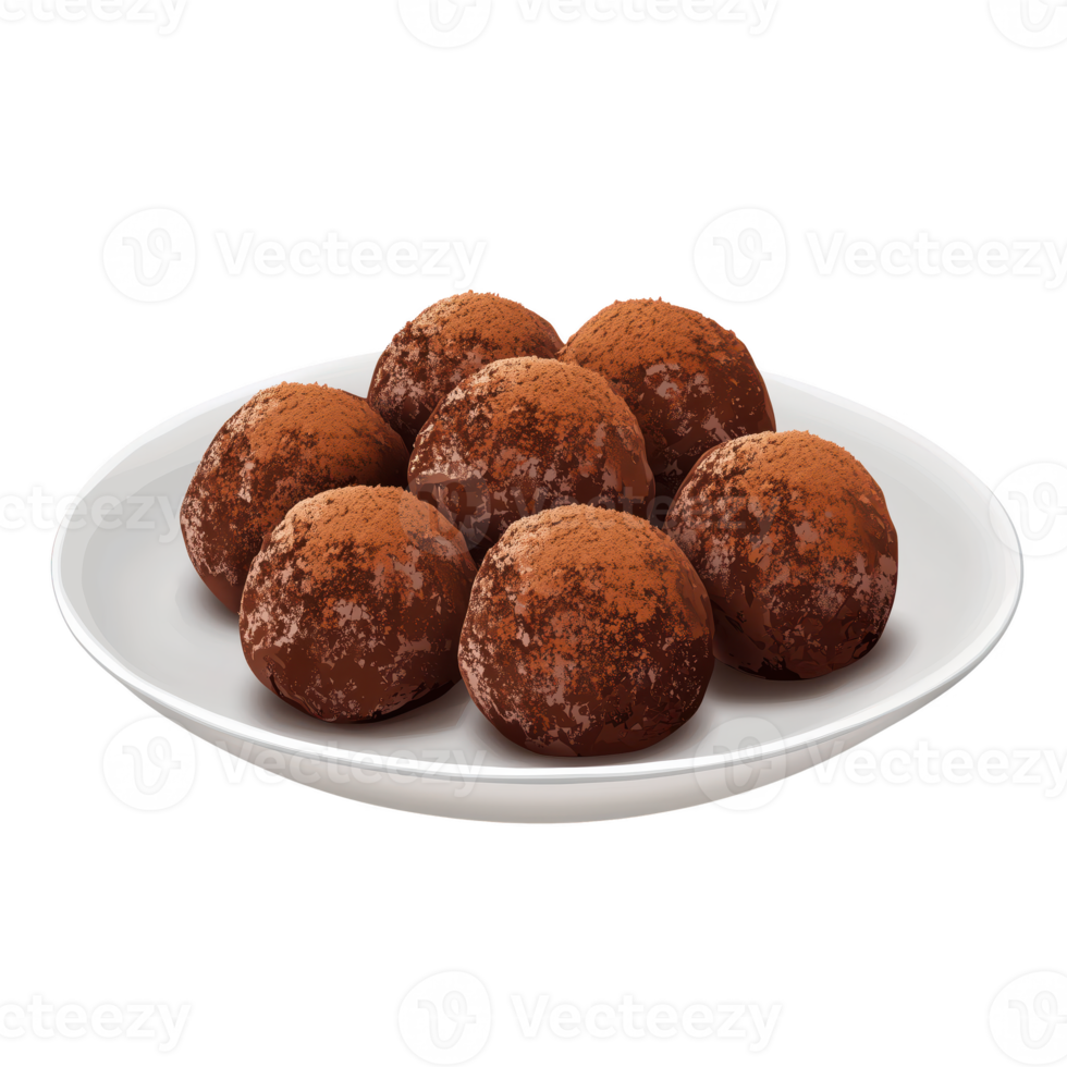 Delicious chocolate truffles arranged neatly on a white plate, perfect for desserts or special occasions. isolated on transparent background png