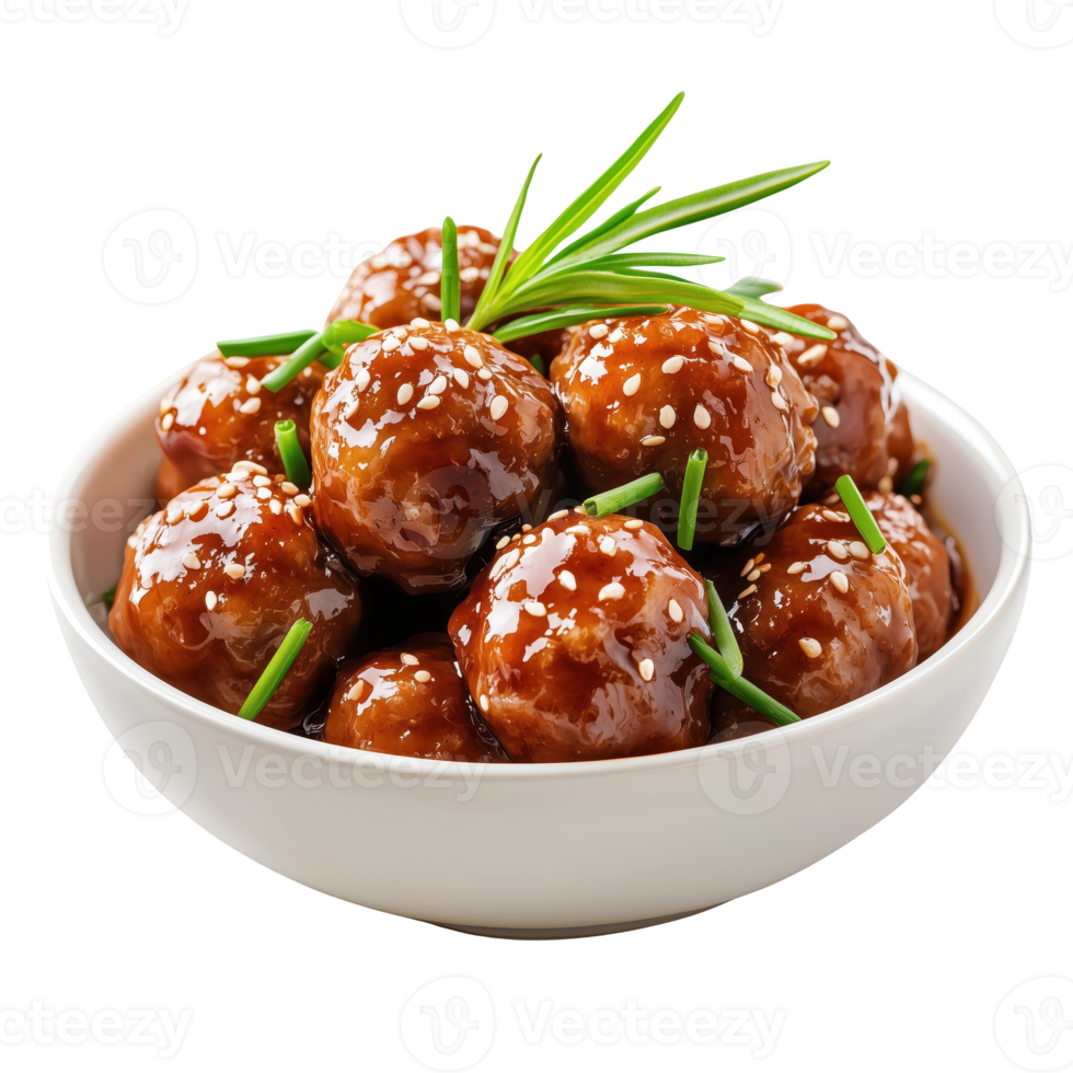 Delicious meatballs in a bowl topped with sesame seeds and chives isolated on transparent background png