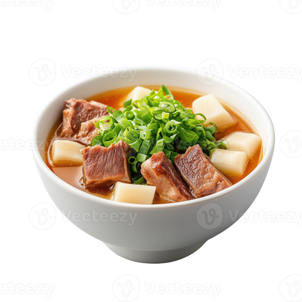 Delicious bowl of beef soup with fresh green onions and soft tofu isolated on transparent background png