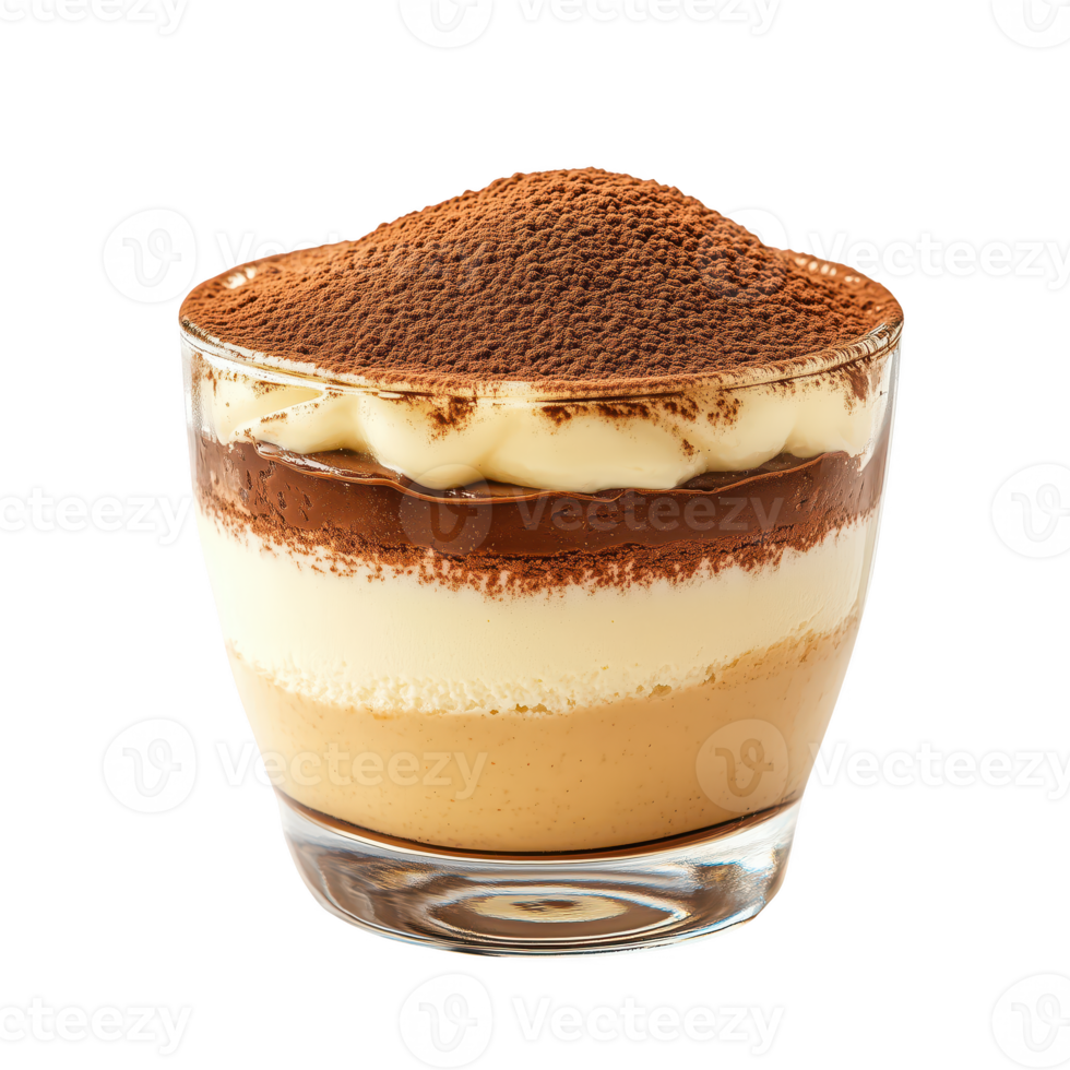 Delicious layered tiramisu dessert in a glass, showcasing rich coffee flavors and creamy texture, isolated on transparent background png
