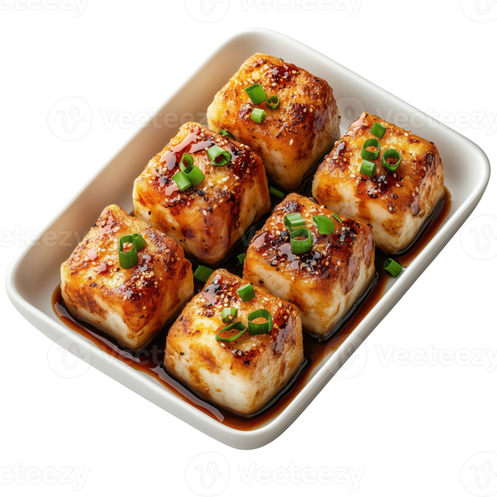 Delicious grilled tofu cubes garnished with green onions, displayed in a rectangular dish. isolated on transparent background png