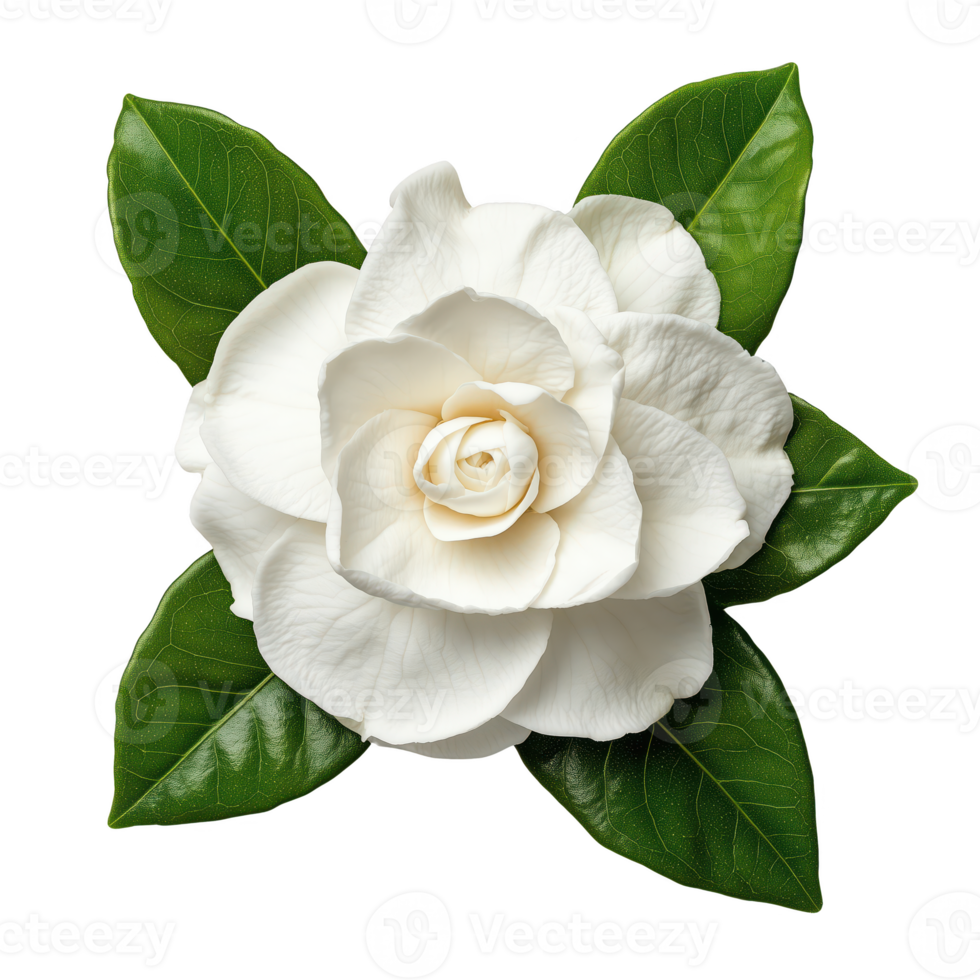 A stunning white gardenia flower adorned with vibrant green leaves, isolated on transparent background png