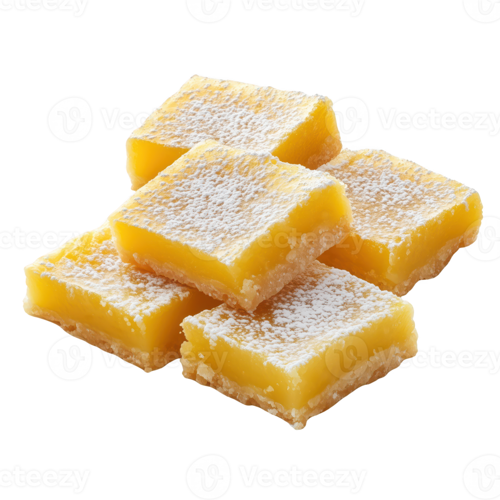 Delicious yellow lemon squares dusted with powdered sugar, perfect for dessert or snack time. isolated on transparent background png