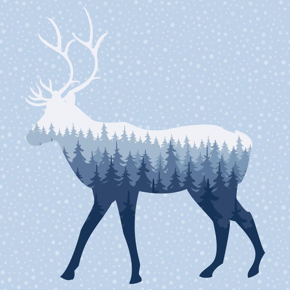 The Silhouette of a Deer against the Background of Snowfall. Forest Exposition in Silhouette vector