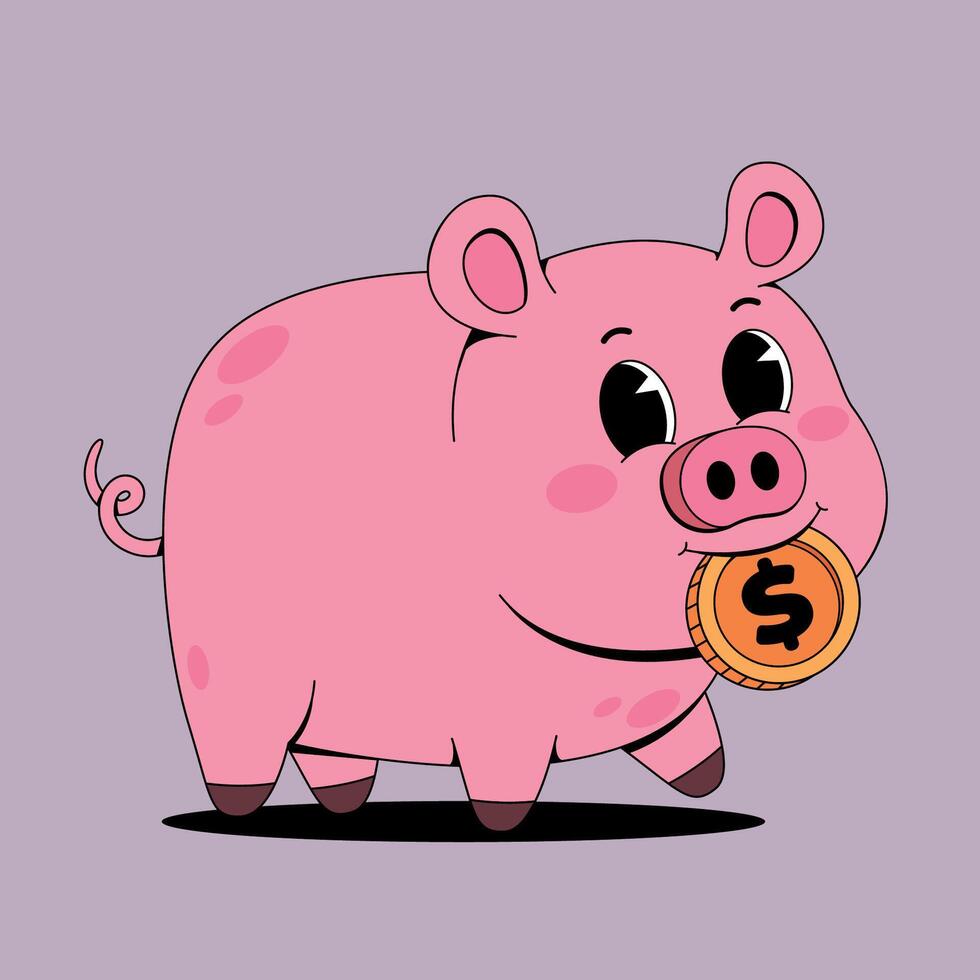 Cute pig biting gold coin vector