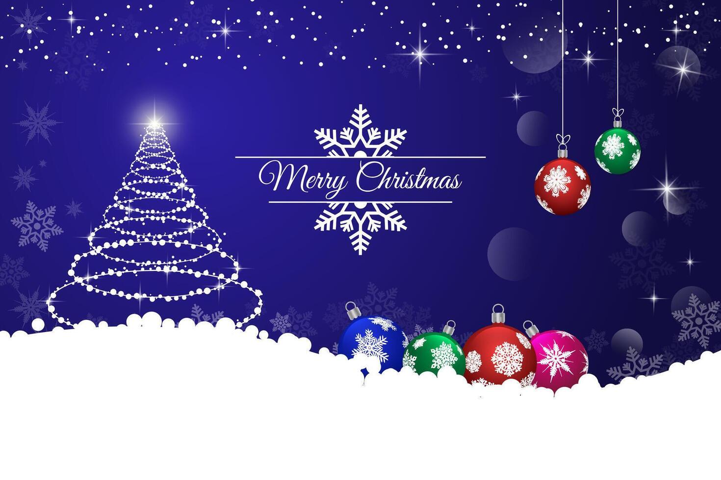 Elegant Merry Christmas Greeting with Snowflake and Baubles on Blue Winter Background vector