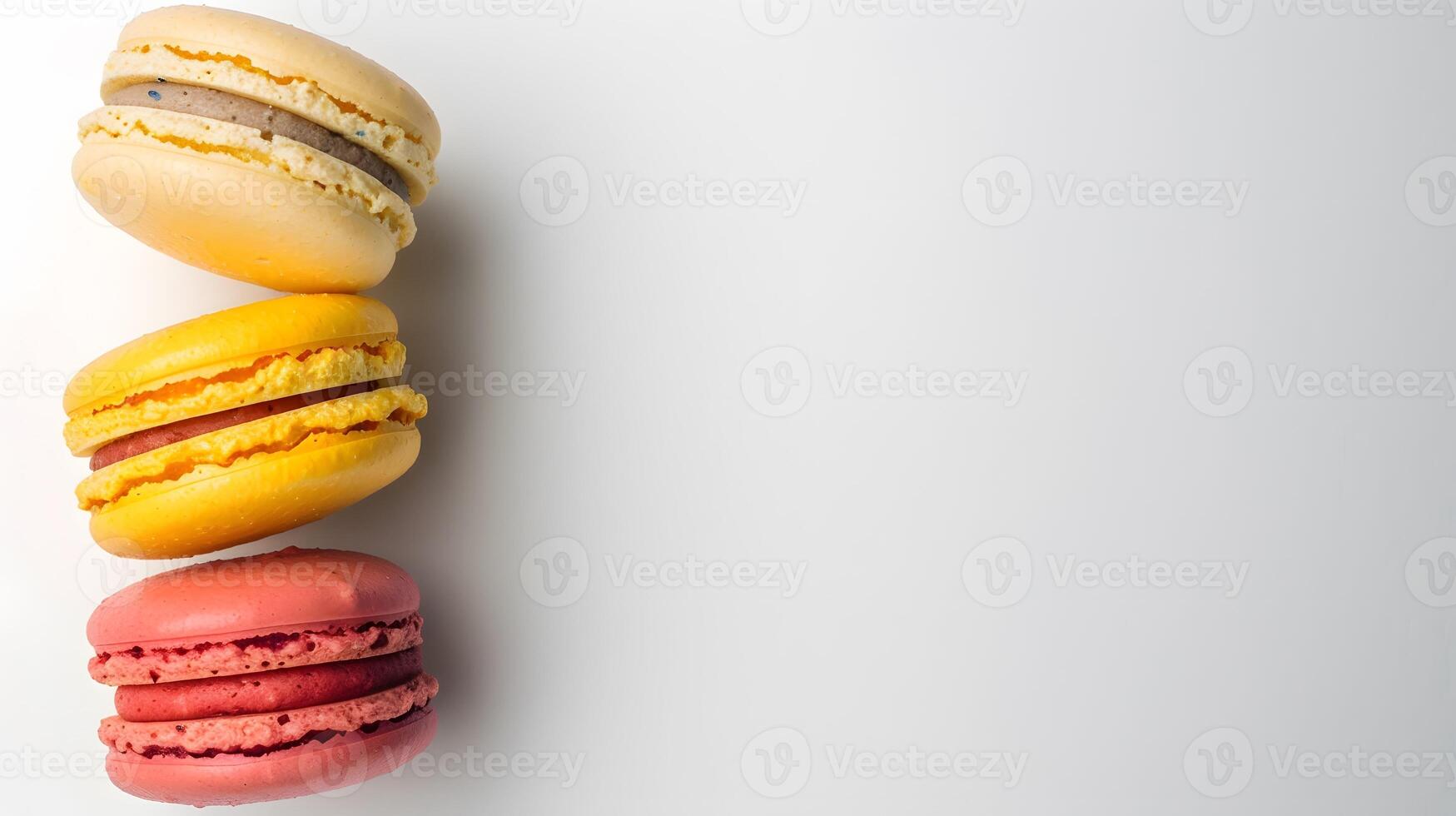 A light horizontal background with colorful macaroons arranged on the side, creating a bright and playful composition, perfect for dessert-themed visuals. photo