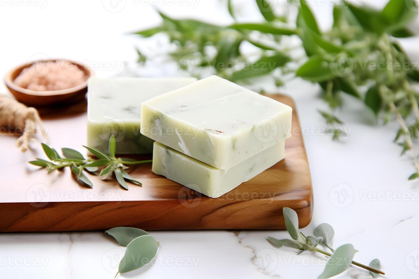 Natural handmade eucalyptus soap provides soothing skin care with organic ingredients, perfect for spa treatments, leaving skin refreshed, soft, and nourished. photo
