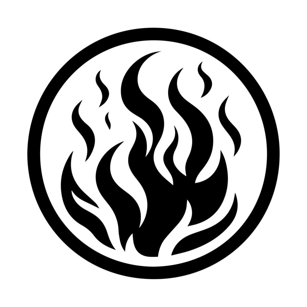 A black and white fire logo in a circle vector