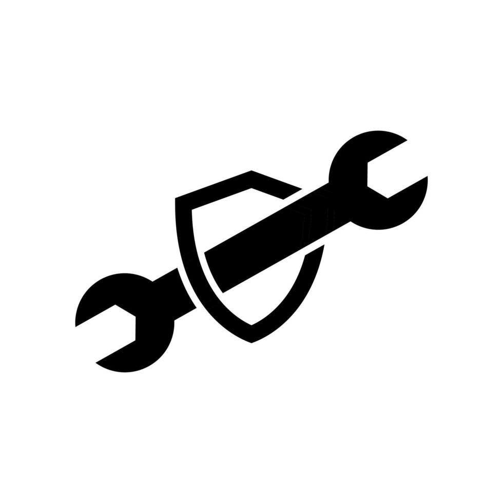A black and white icon of a wrench and shield vector