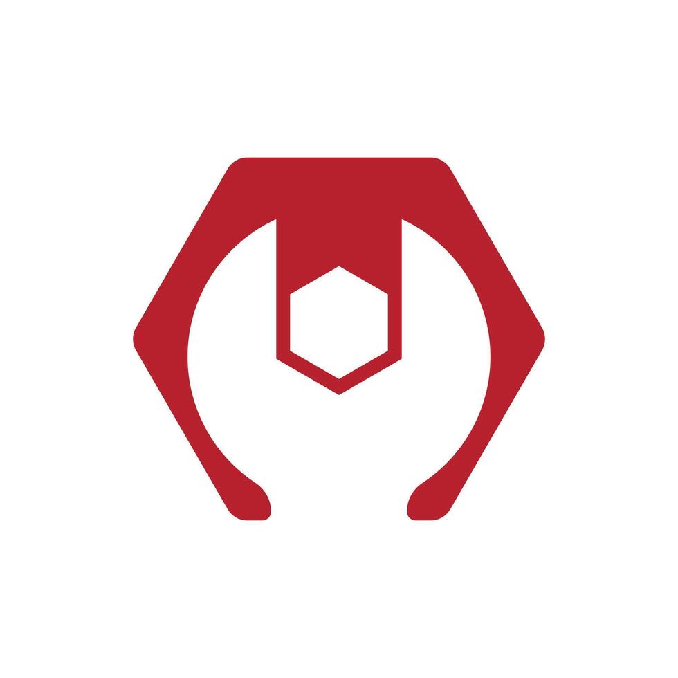 A red and white logo with a hexagon vector
