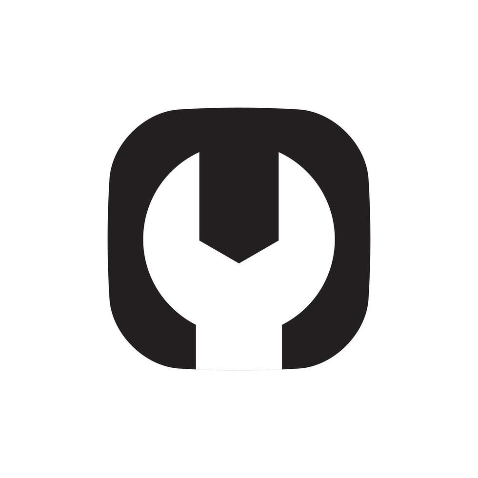 A black and white logo of a wrench vector
