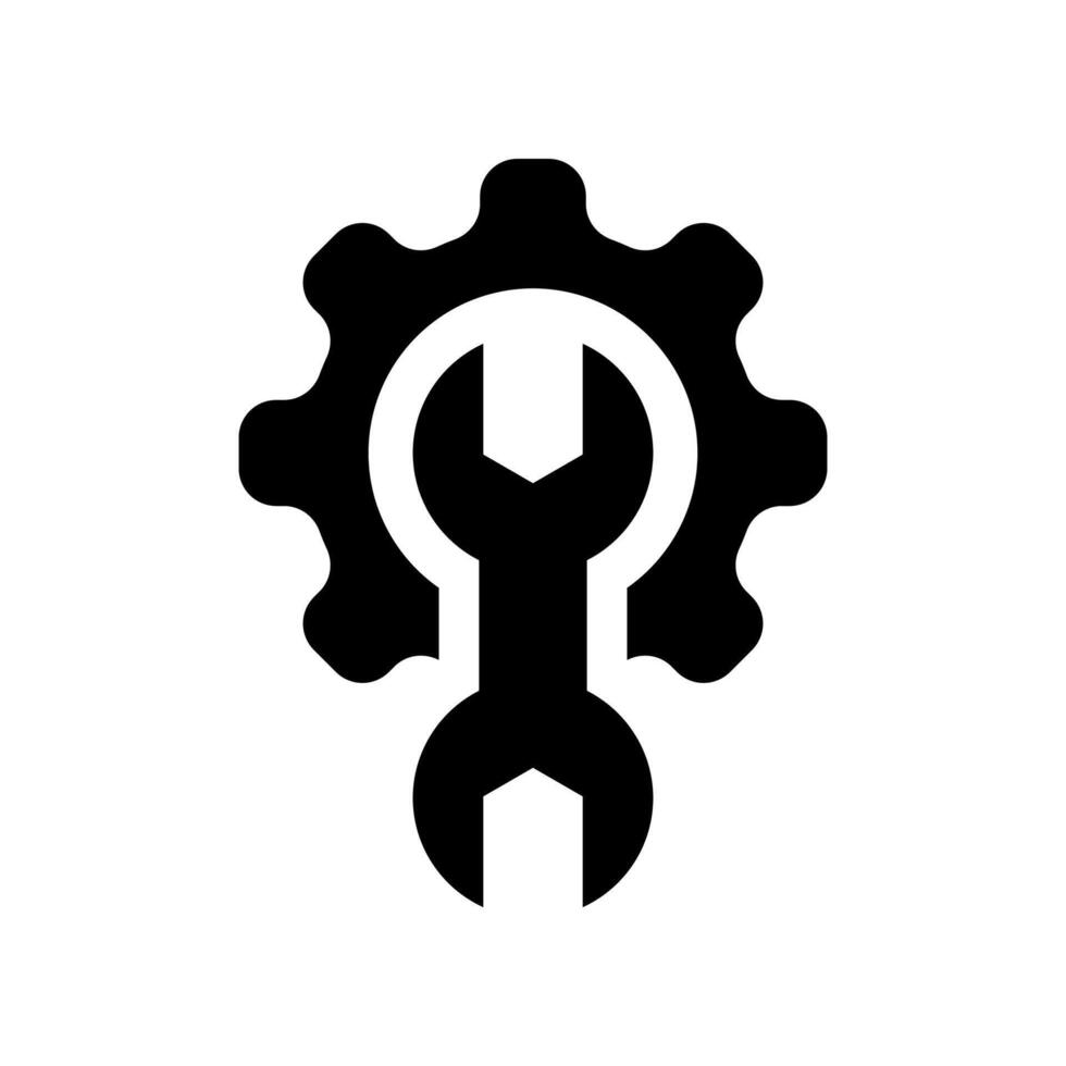 A black and white icon of a wrench and gearwheel vector
