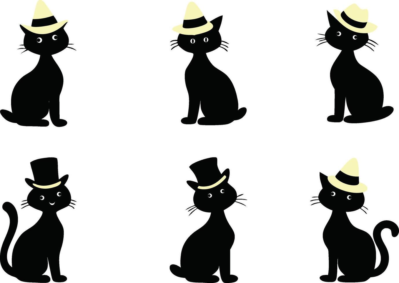 Bundle of Cute cat with hat silhouette illustration on white background vector
