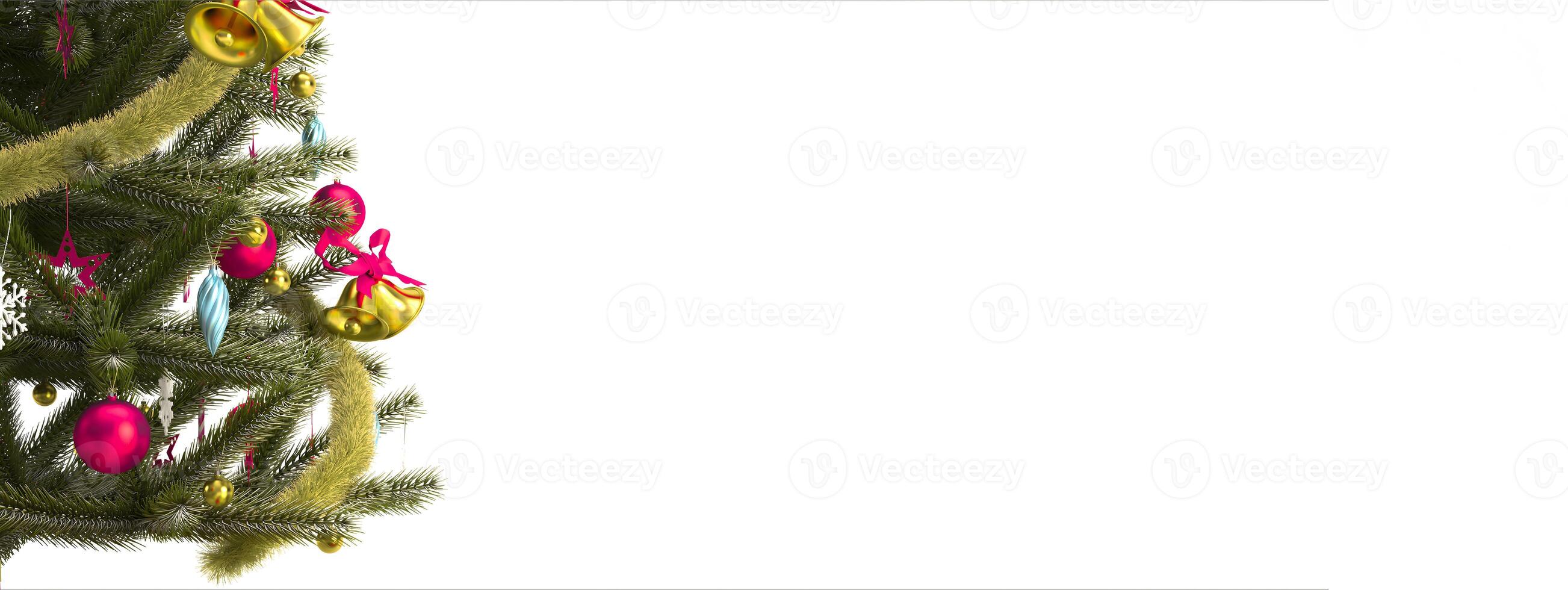 Christmas banner with close up christmas tree, ornaments and copy space. Merry Christmas background concept 3D rendering illustration. photo