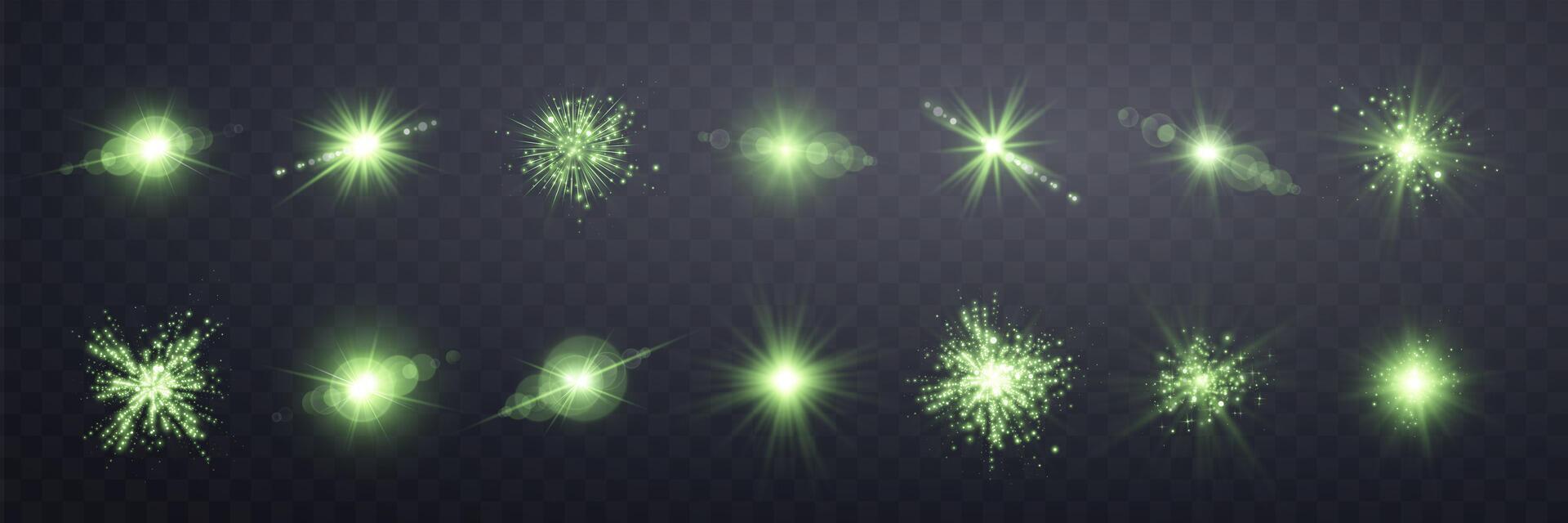 Green lens flares set. Sun flash with rays or spotlight and bokeh. Glow flare light effect. vector