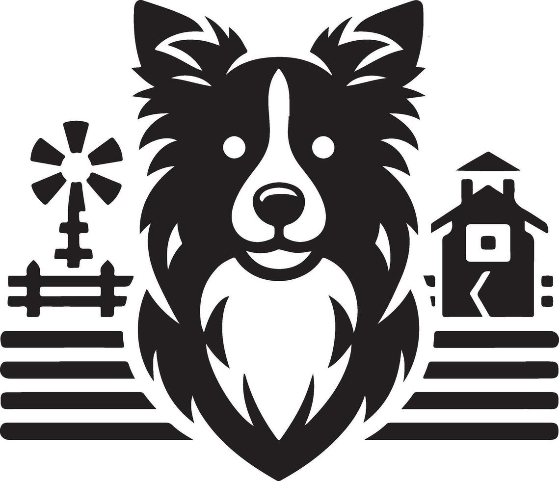 Border collie in a farm silhouette. vector