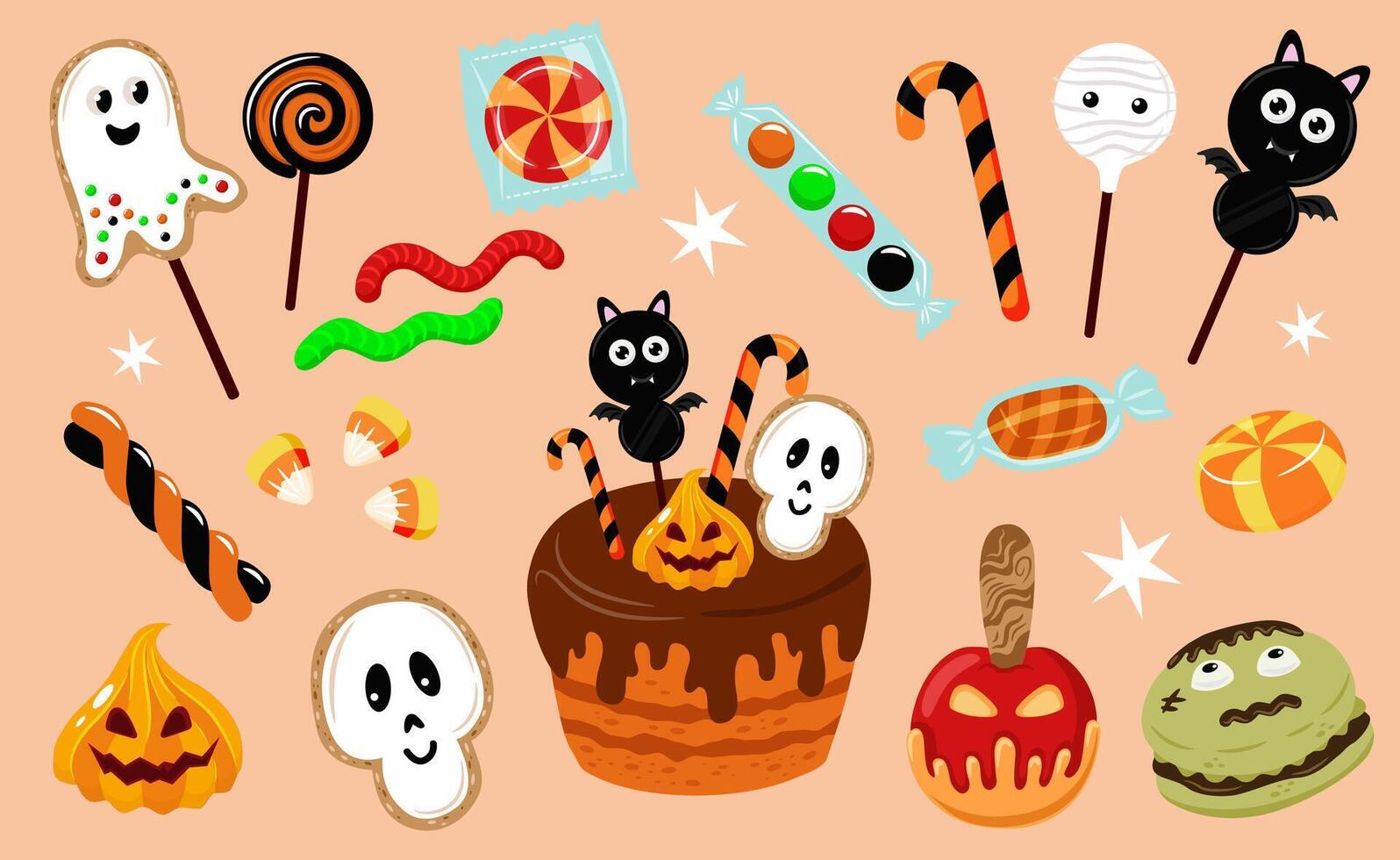 Set of sweet treat for Halloween. Cake, lollipop, marmalade, cookie in the shape of scary characters. Cute ghost, scull, pumpkin, bat, etc. vector