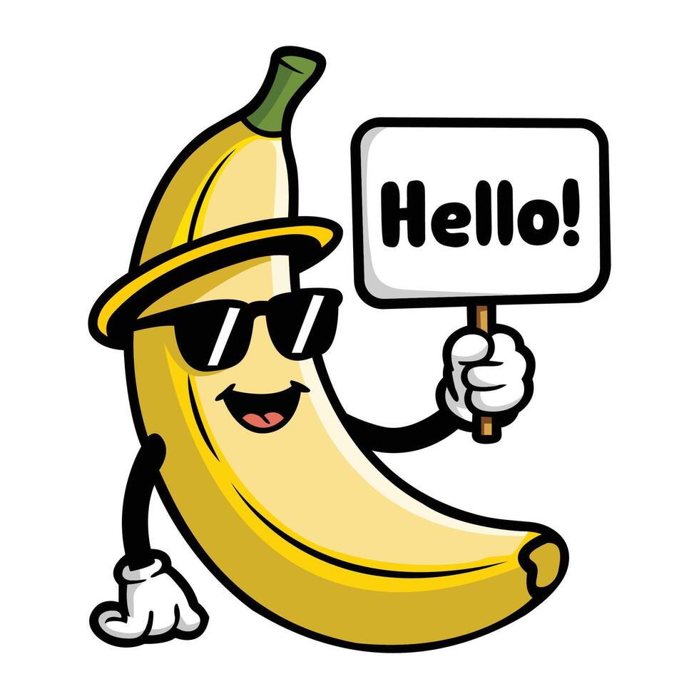 Cartoon Banana with Glasses Holding Hello Text Design vector