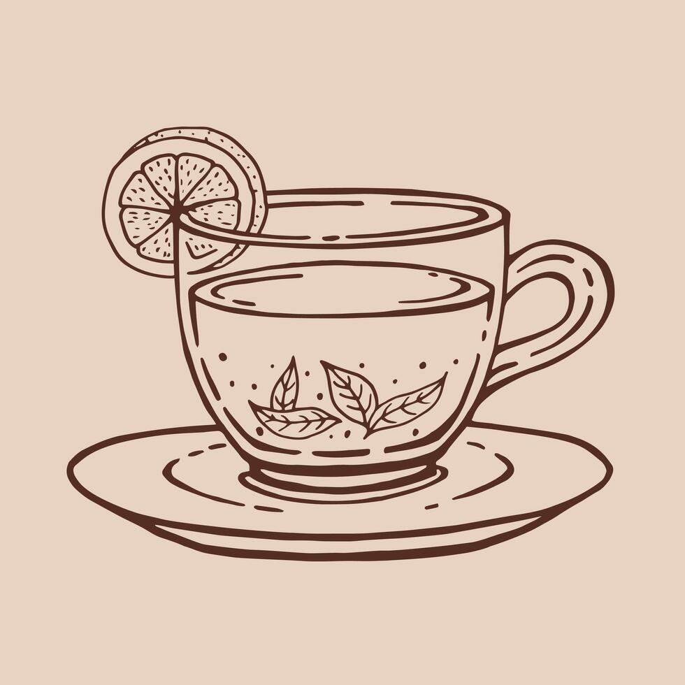 Cup of tea with lemon slices, tea leaves. Hand drawn illustration in outline style. vector