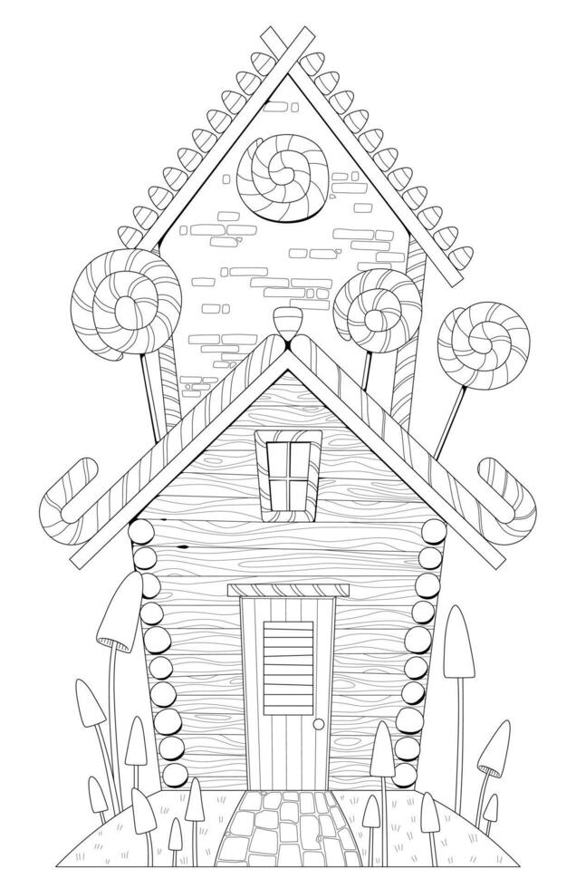 Gingerbread house line illustration for coloring book page. Cute Christmas festive house with candy, lollipop. Gingerbread house - black and white drawing vector