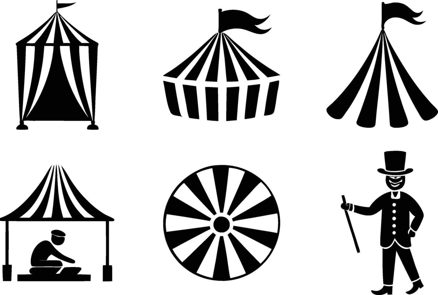 Set of Circus Tent with flag and artist black silhouette art in white background vector
