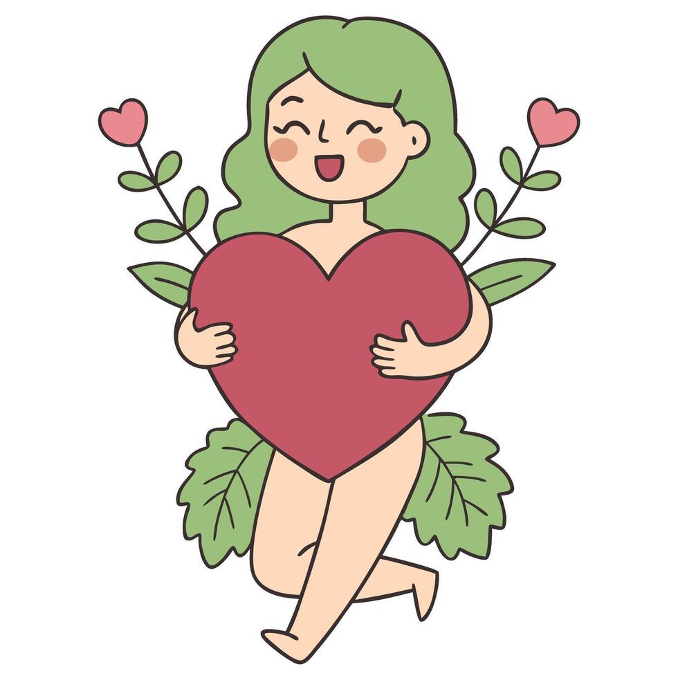Green haired girl holding heart with plant elements in cartoon style vector