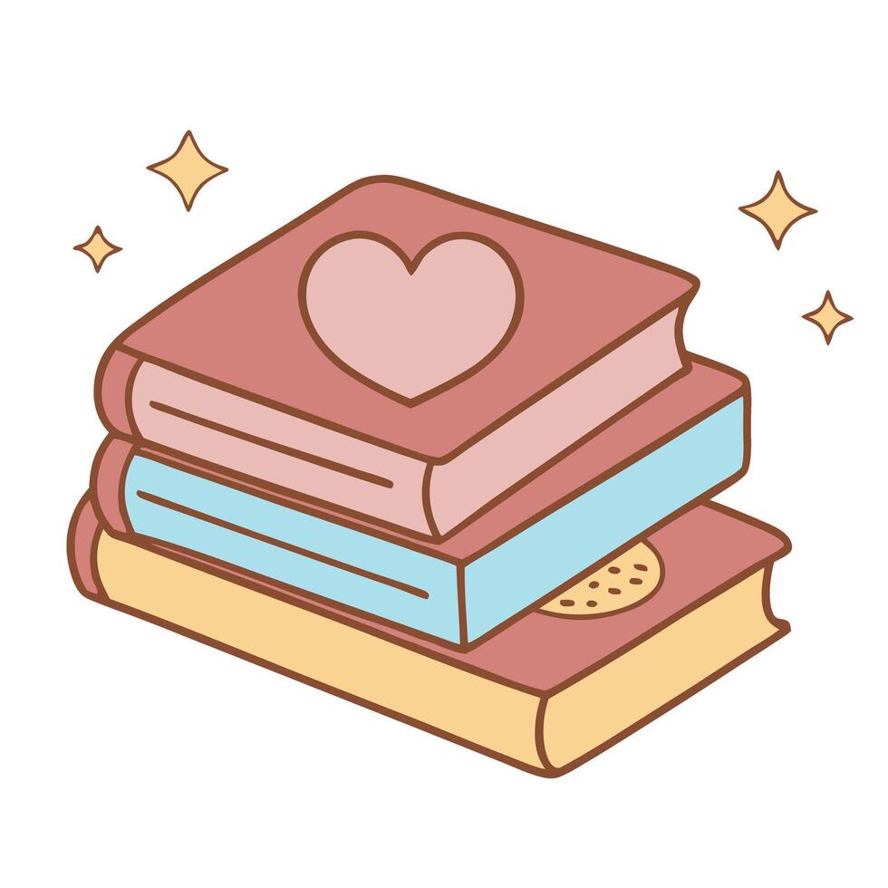 Minimalist stack of pastel books with heart and sparkles in cartoon style vector