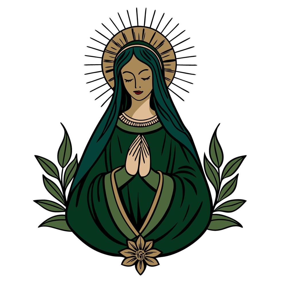 Mystical Virgin Mary Illustration with Halo and Leaves in Retro Style vector