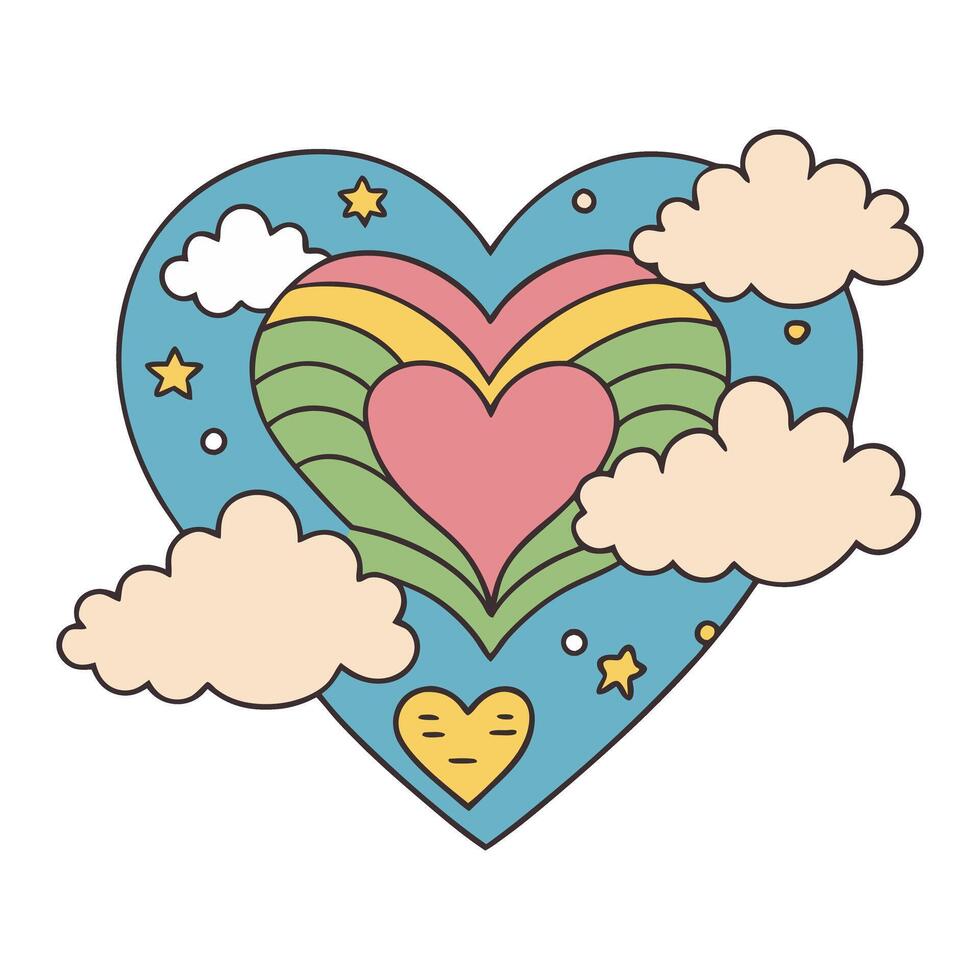 Vibrant heart illustration with colorful patterns and clouds in a cartoon style vector