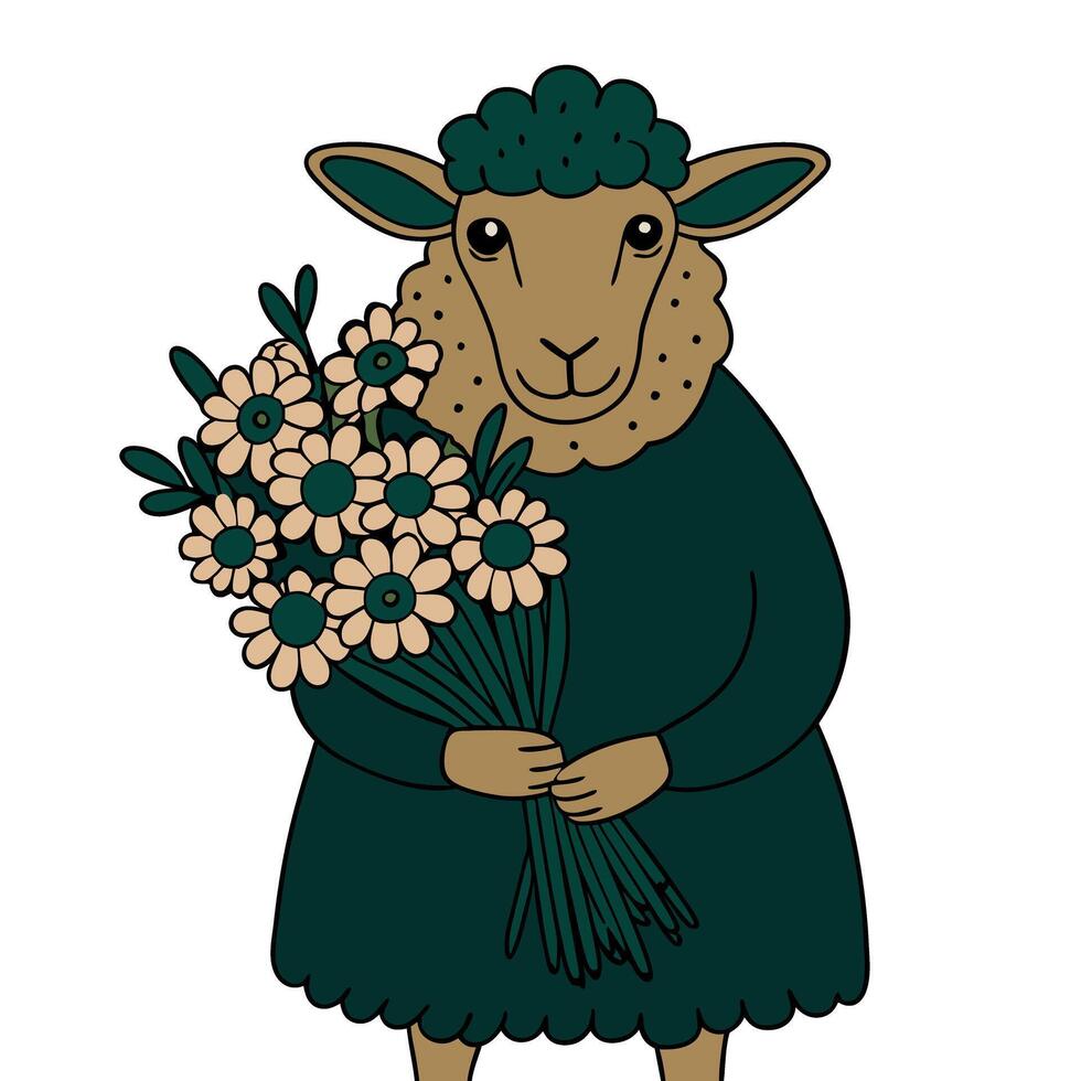 Charming Sheep Holding Flowers vector