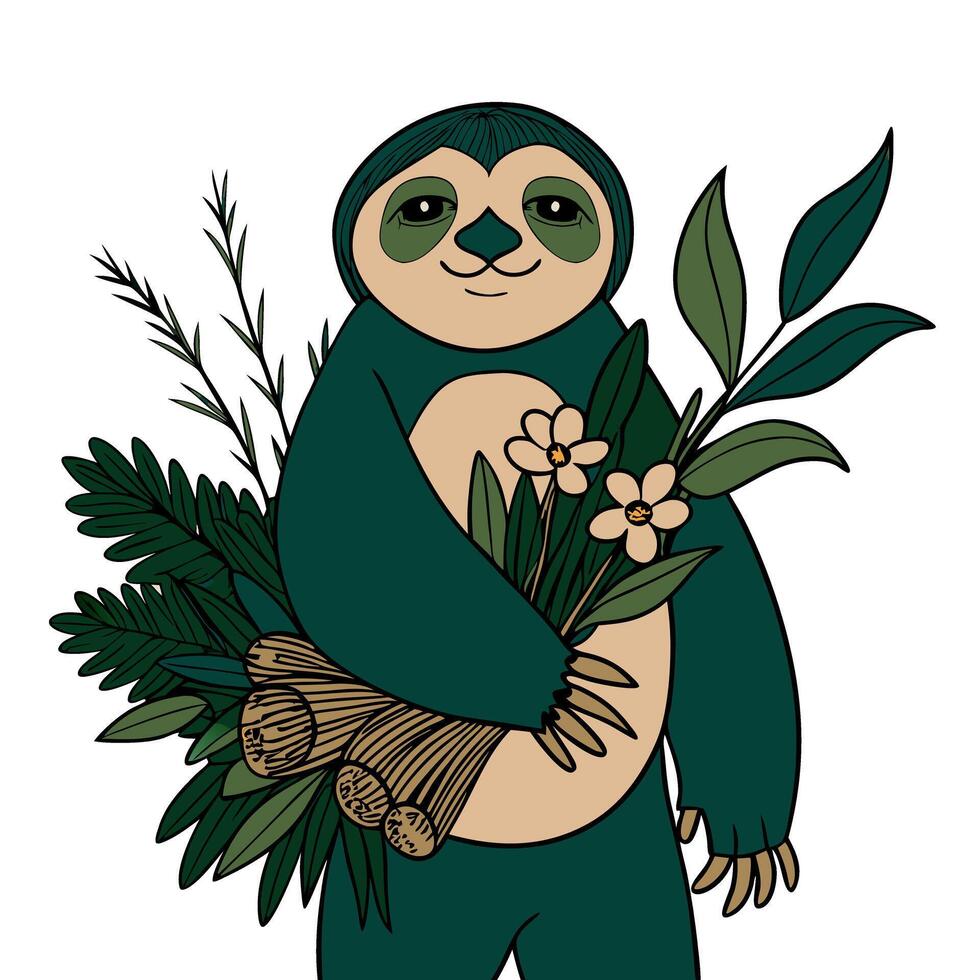 Cute sloth with bouquet of flowers and leaves in hand drawn style vector