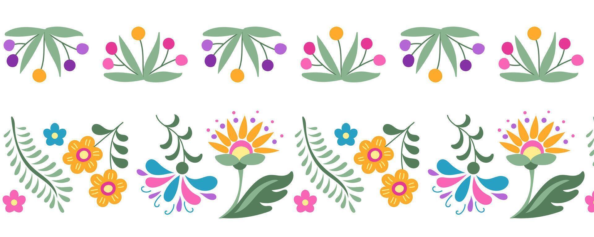 Two floral seamless borders in Mexican folk style. Botanical flat illustrations in Latin American traditional style isolated on white background for day of the dead holiday de Cinco de Mayo vector