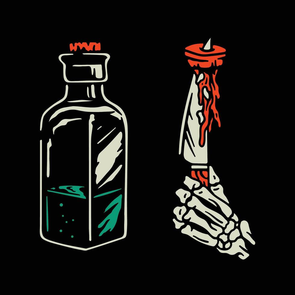 A bottle with a skeleton hand and a knife vector