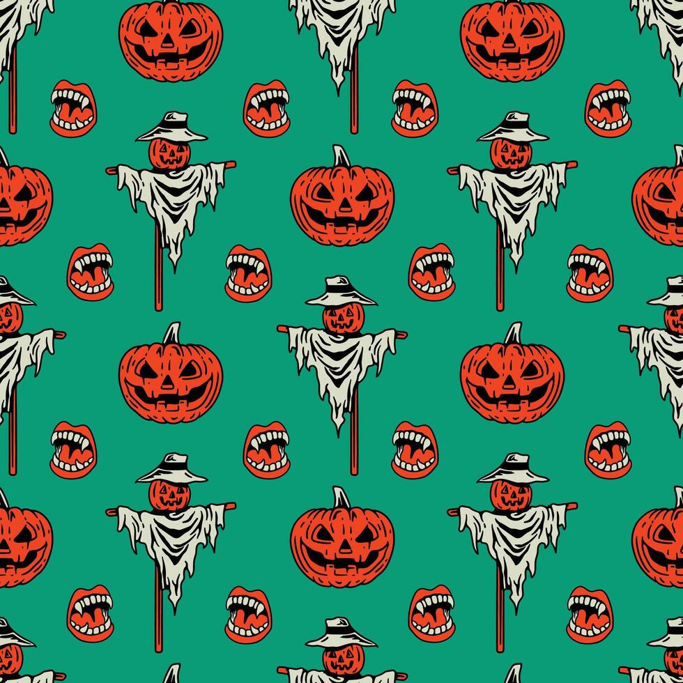 Halloween pumpkin and scarecrow pattern on green background vector