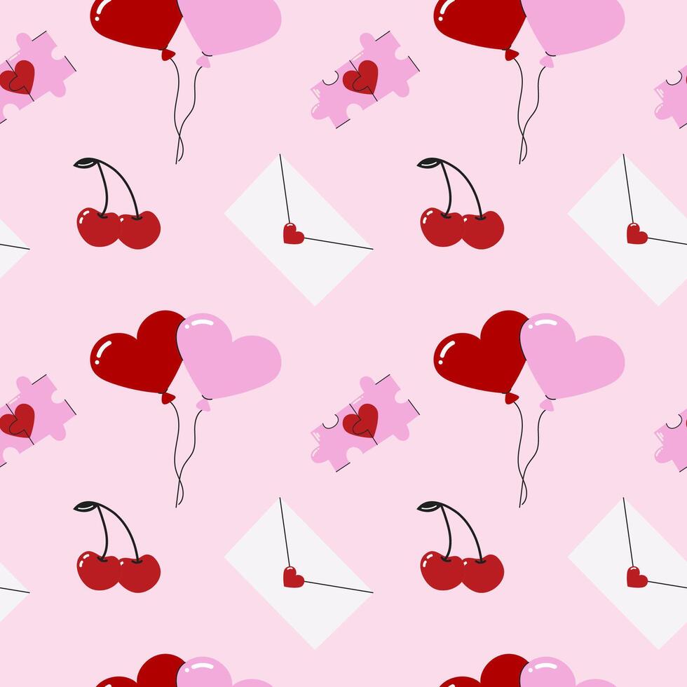 Cute seamless pattern for Valentine's day with balloons, envelope and cherry. The illustration is hand drawn. vector