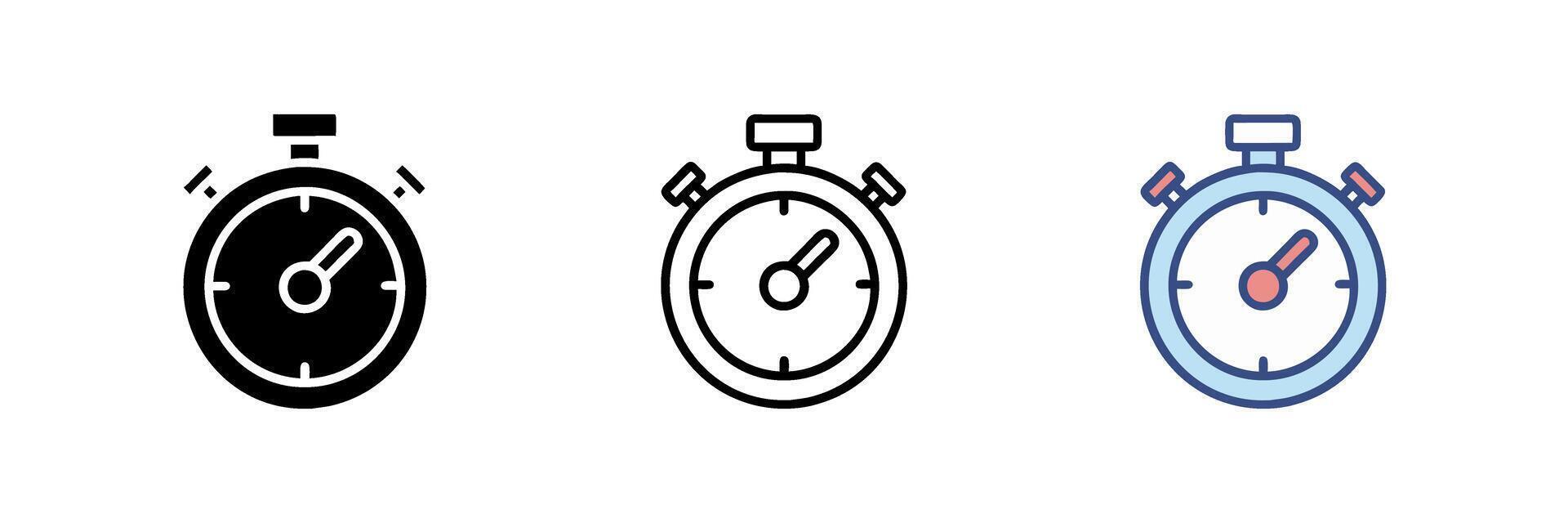 Stopwatch icon set with chronometer and timer designs. Simple stopwatch logo on white background. Versatile illustration for time-related projects, apps, and branding. Clean, modern design. vector