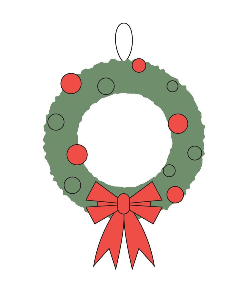 Christmas door wreath minimalist illustration. Xmas decor design with fir branch, red ribbon, and red balls for winter holiday decoration. Flat illustrations isolated on white background vector