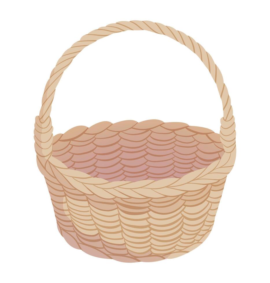 Wicker basket. Empty woven hamper for autumn harvest of vegetables, mushrooms, or fruits, picnic food and drinks, knitting threads, or gifts. Cartoon illustration isolated on white background. vector