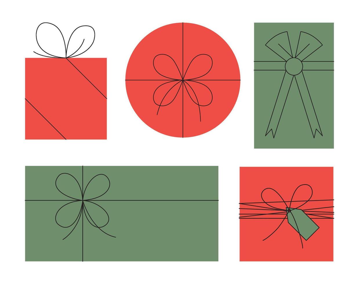 Abstract Christmas gift box set. Simple, circle, rectangle, and square gift boxes wrapped in red and green paper and tied with ribbons. Geometric Christmas or Birthday presents. Illustration. vector