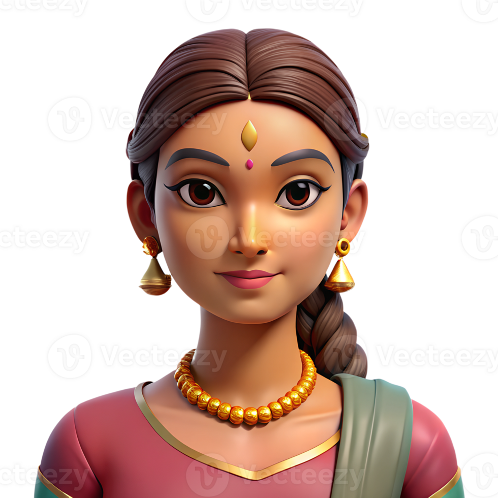 Portrait of Indian woman wearing traditional sari 3d illustration isolated on the transparent background png