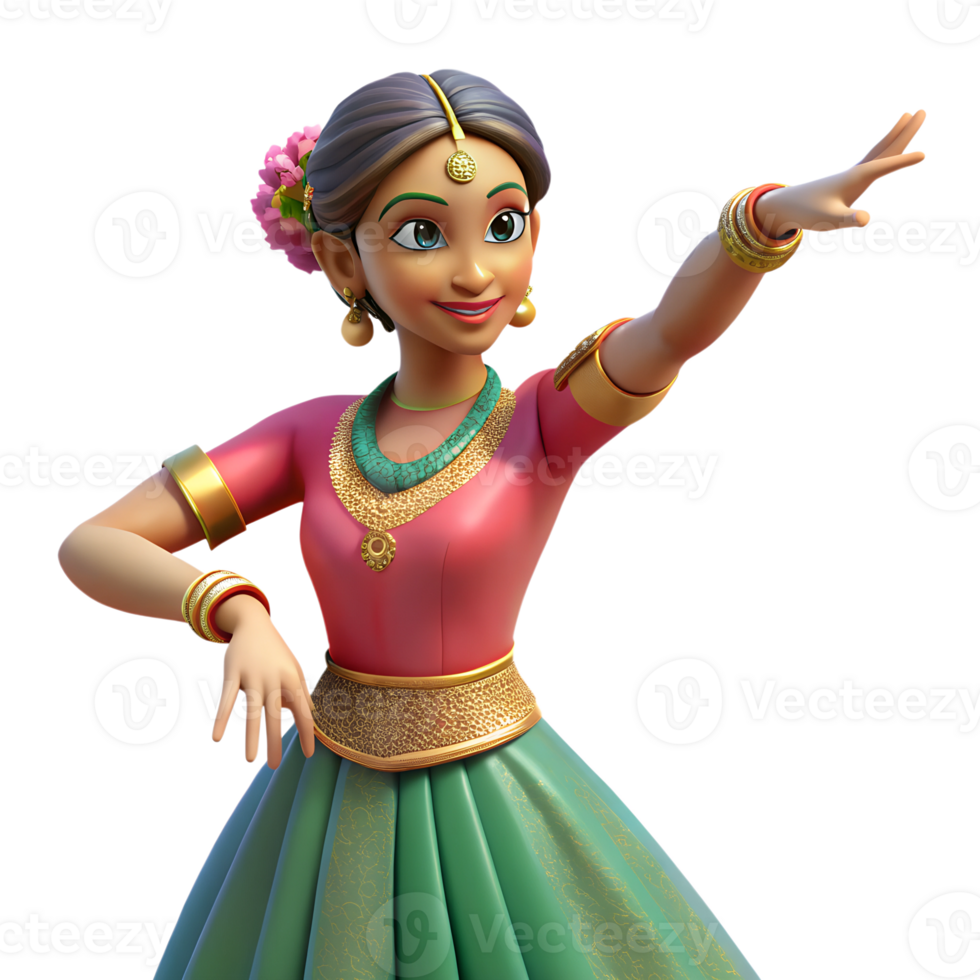 Indian woman wearing traditional dress in dancing pose 3d illustration isolated on the transparent background png