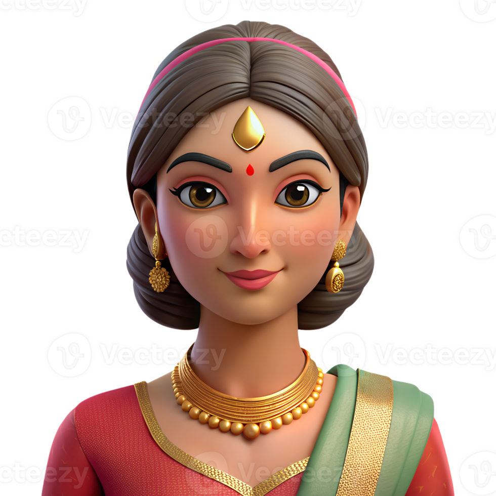 Portrait of beautiful Indian woman wearing traditional sari 3d illustration isolated on the transparent background png