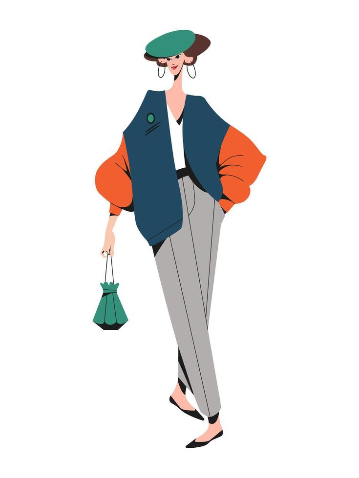 Modern fashion woman wearing stylish clothes. Smiling fashionable woman in pants and an oversize jacket. Trendy autumn or spring outfit. Flat illustration isolated on a white background. vector
